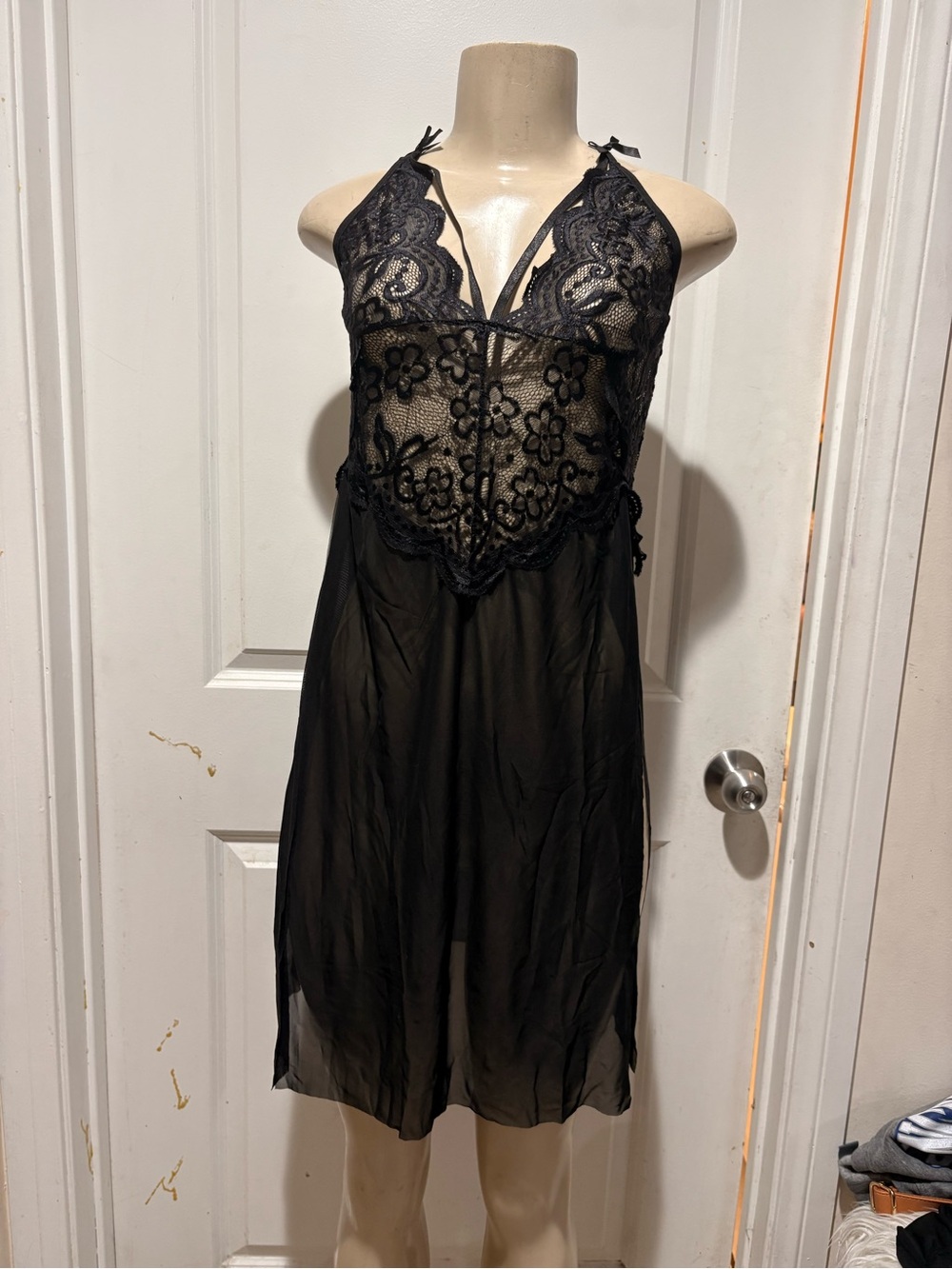 Black Lace Halter Chemise babydoll nightdress xL lace bow